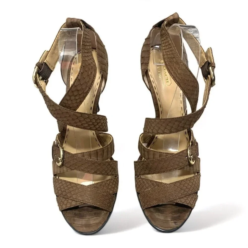 COACH Fawn Strappy Sandals Stiletto Heel Brown Snakeskin Print Leather Sz 9.5 B